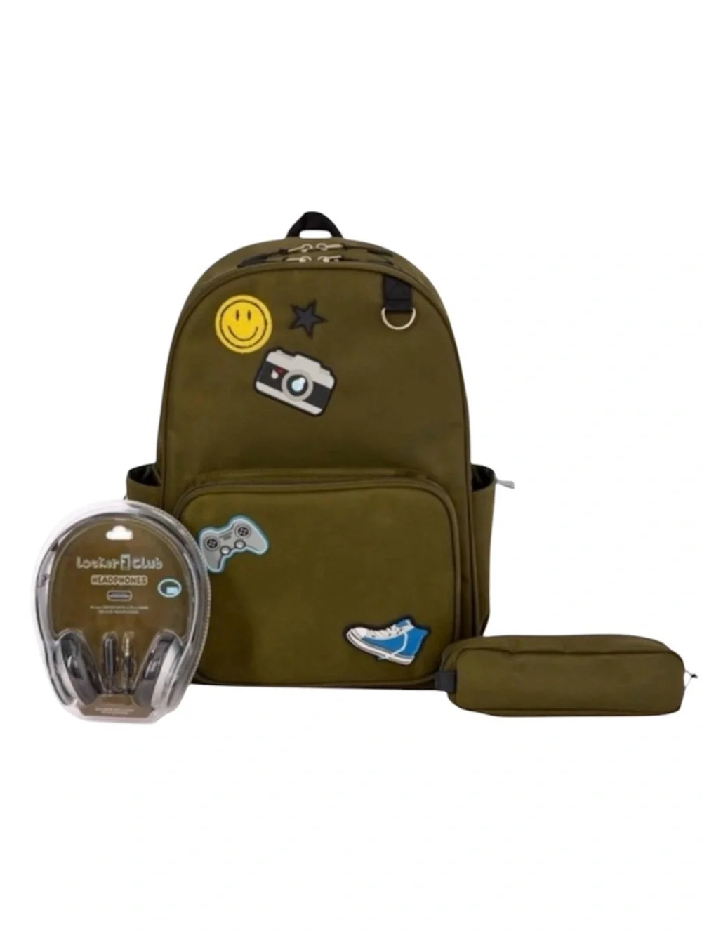 NWT Locker Club Backpack 3pc Set Olive Green Pencil Pouch & Headphones